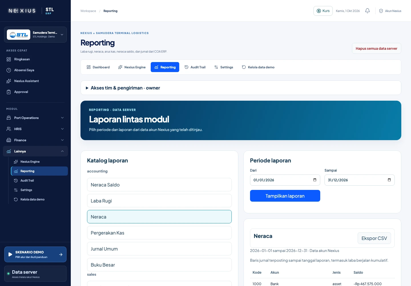Actual Nexius ERP financial reporting interface with demo data